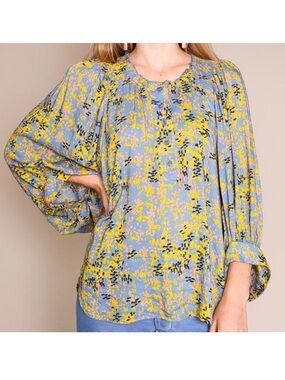 Apiece Apart floral everlastings balloon sleeve blouse marine water flowers blue